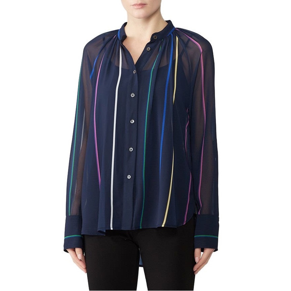 Derek Lam Size 0 Blue Striped Button Down Long Sleeve Chiffon Blouse sheer light